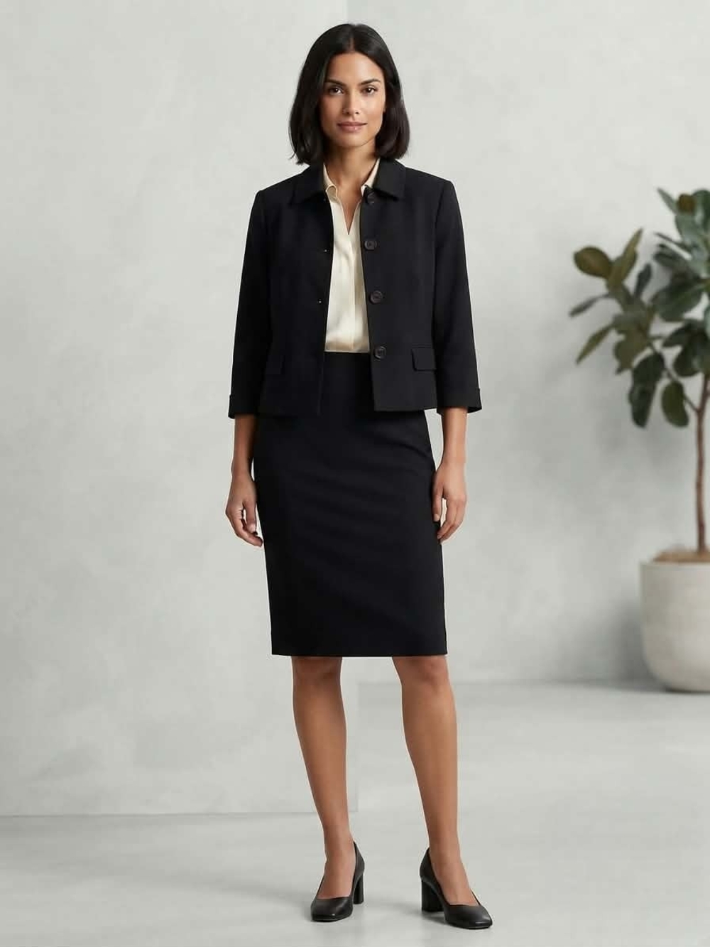 Caché Black Microfiber Button-Front Crop Jacket Blazer